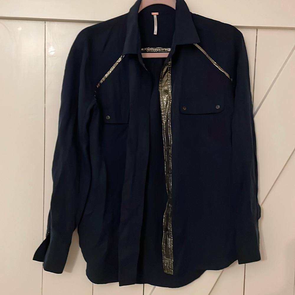 Free People Navy Blue Tencel-Lyocell Oversize w Gold Metallic Trim Top Shirt S